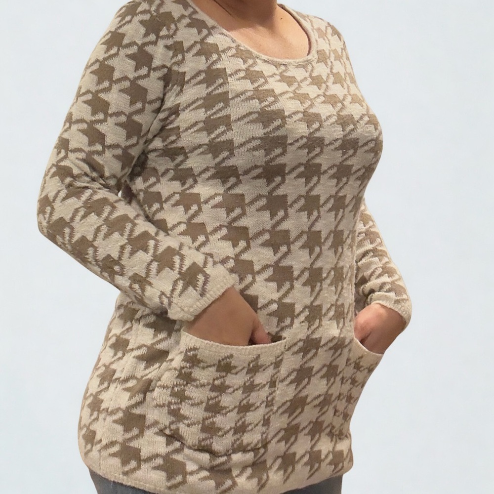 Nina Leonard Womens Brown Houndstooth Knit Tunic Sweater Front Pockets Size L